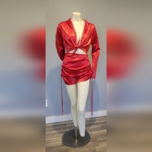 AKIRA SEXY SYLKY SATIN JUMPSUITE RED Xl Tie-Front Crop Top